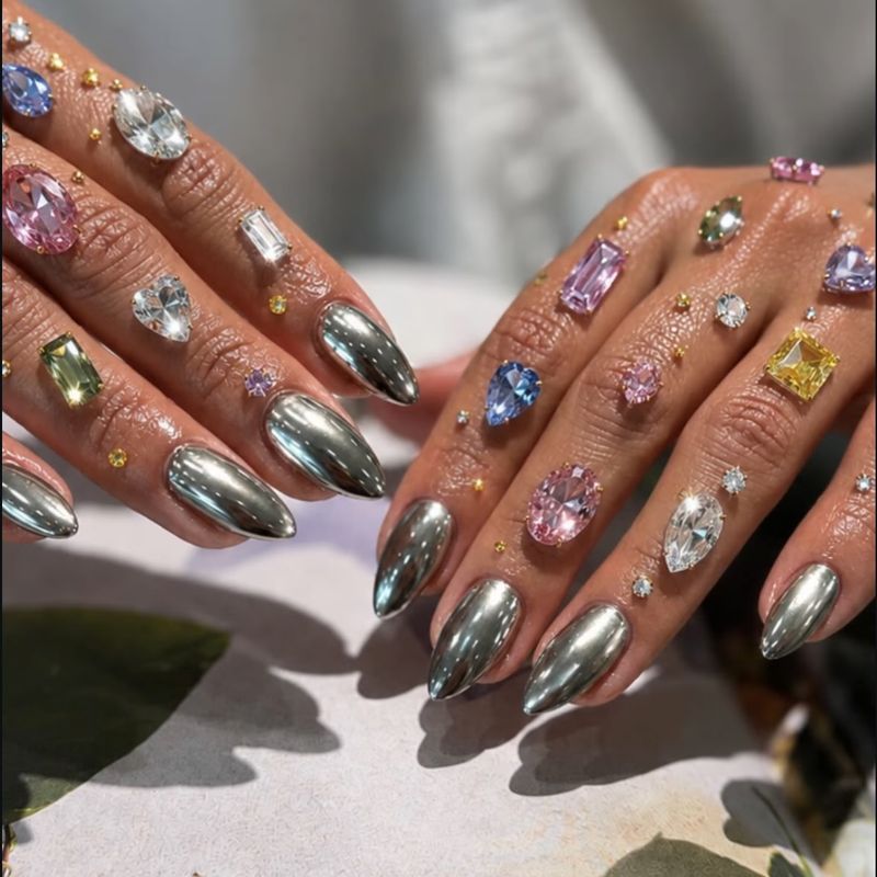 Chrome manicure with jewel-tone gem accents by Nini Nail Bar